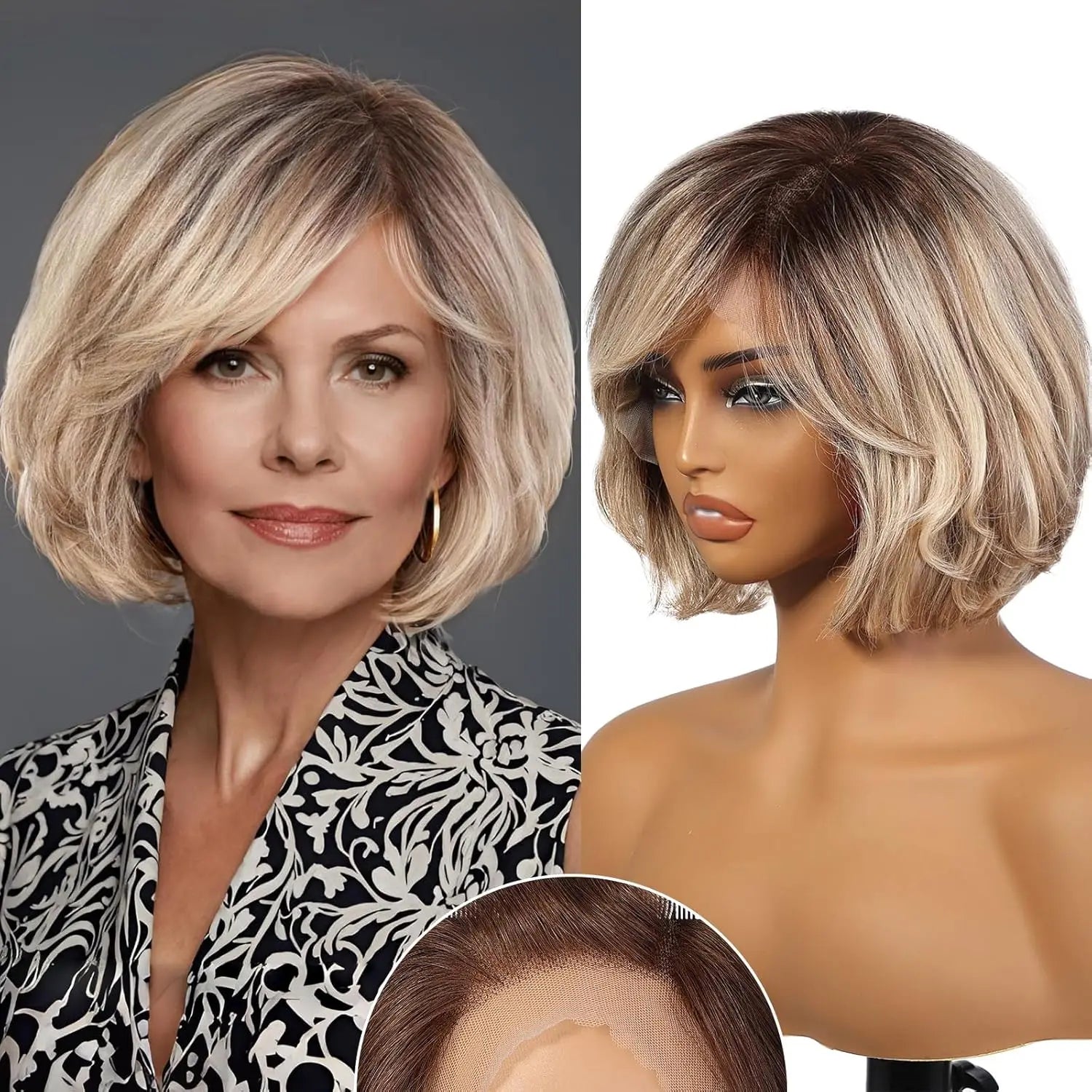 Dusk | Short Layered Wavy Bob Remy Human Hair Wig with Bangs – Blonde Highlights & Dark Roots | 12 Inch