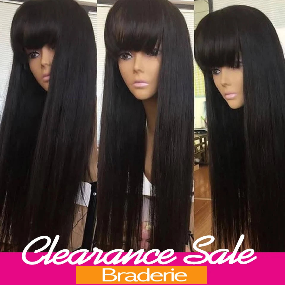 Onyx | Long Straight Indian Remy Human Hair Wig with Bangs – Natural Black | 150–200% Density | 26–32 Inch