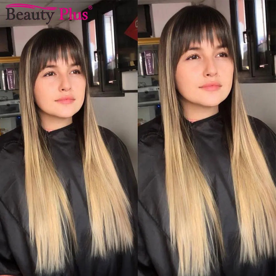 Onyx | Long Straight Indian Remy Human Hair Wig with Bangs – Natural Black | 150–200% Density | 26–32 Inch