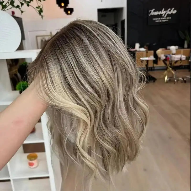 Ash Blonde Balayage Highlight Short Bob Lace Front Wig – Synthetic Blend