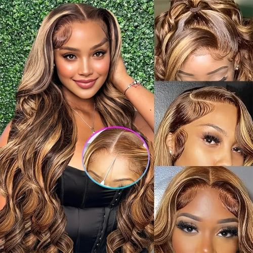 4/27 Honey Blonde Highlight Ombre Body Wave Glueless Lace Wig