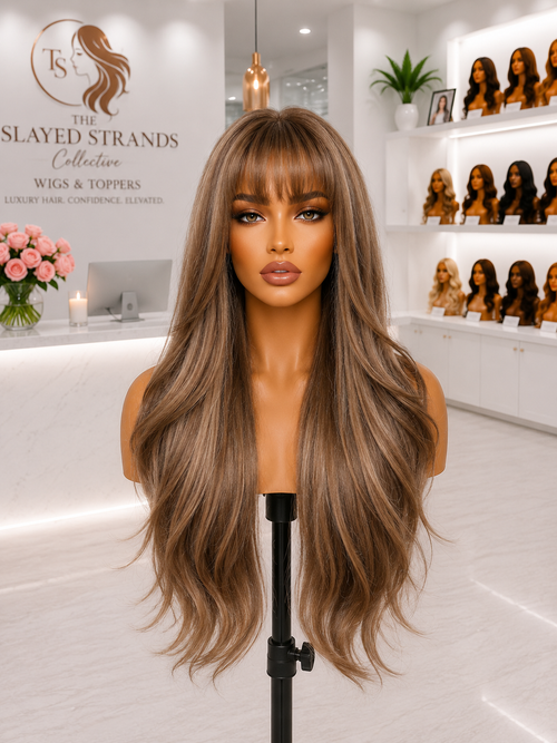 Biscotti | Long Natural Wavy Synthetic Wig with Bangs – Brown Mixed Blonde | Heat Resistant | 26+ Inch