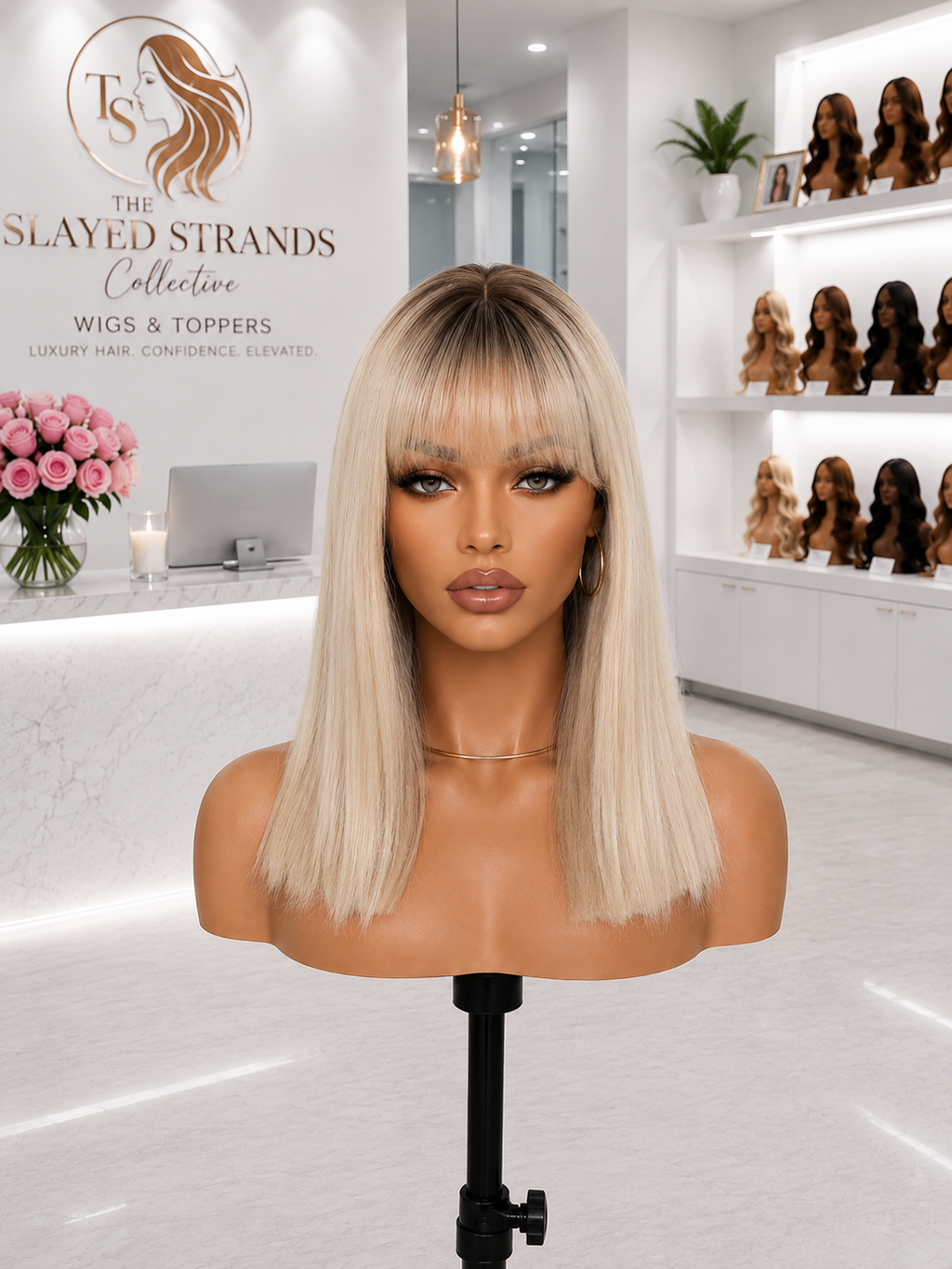 Amber | Shoulder Length Straight Synthetic Wig with Bangs – Blonde Ombre Brown | 150% Density