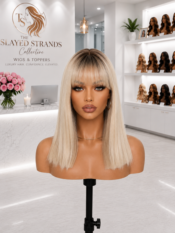 Amber | Shoulder Length Straight Synthetic Wig with Bangs – Blonde Ombre Brown | 150% Density