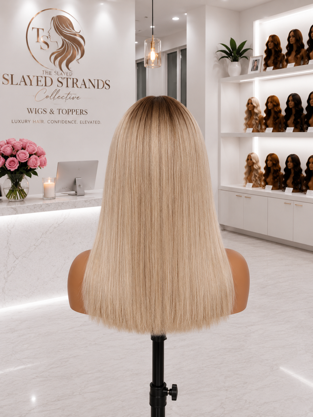 Amber | Shoulder Length Straight Synthetic Wig with Bangs – Blonde Ombre Brown | 150% Density