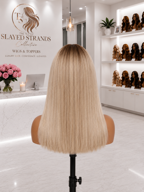 Amber | Shoulder Length Straight Synthetic Wig with Bangs – Blonde Ombre Brown | 150% Density