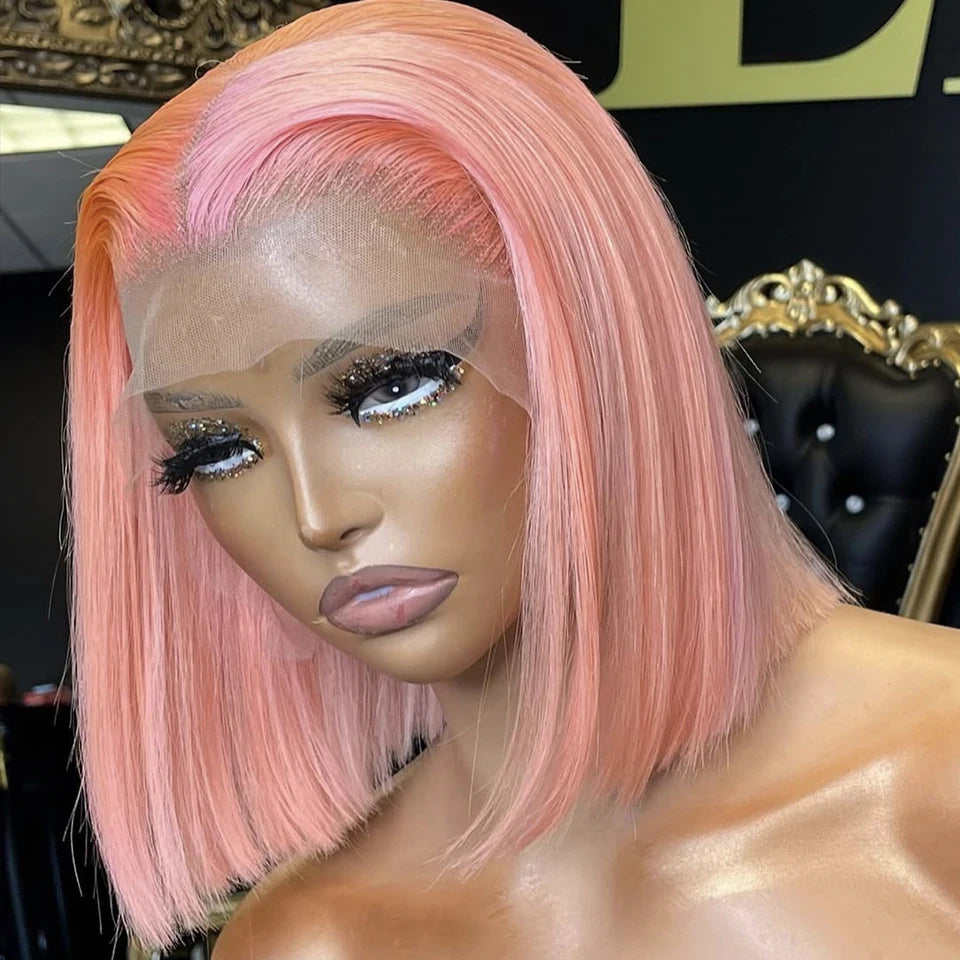 Pink Short Straight Bob 13x4 Lace Frontal Wig 180%