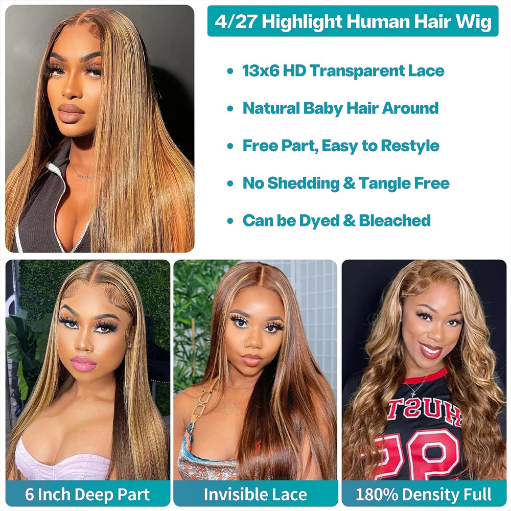 P4/27 Honey Blonde Highlight Bone Straight 13x6 HD Lace Wig