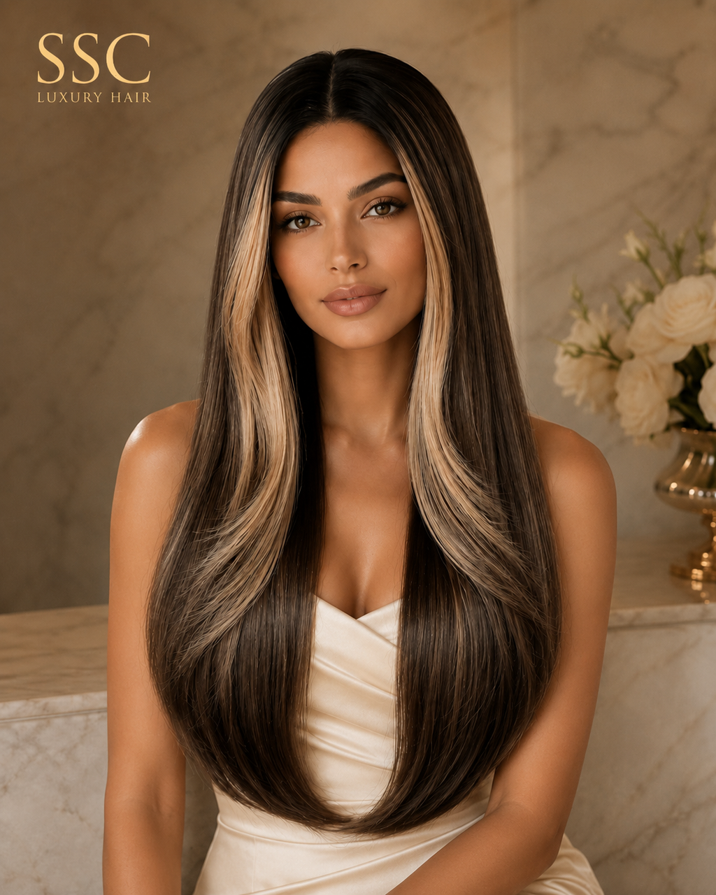 Vivienne | Long Straight Layered Synthetic Lace Front Wig – 13x4 Lace | 150% Density | 28 Inch