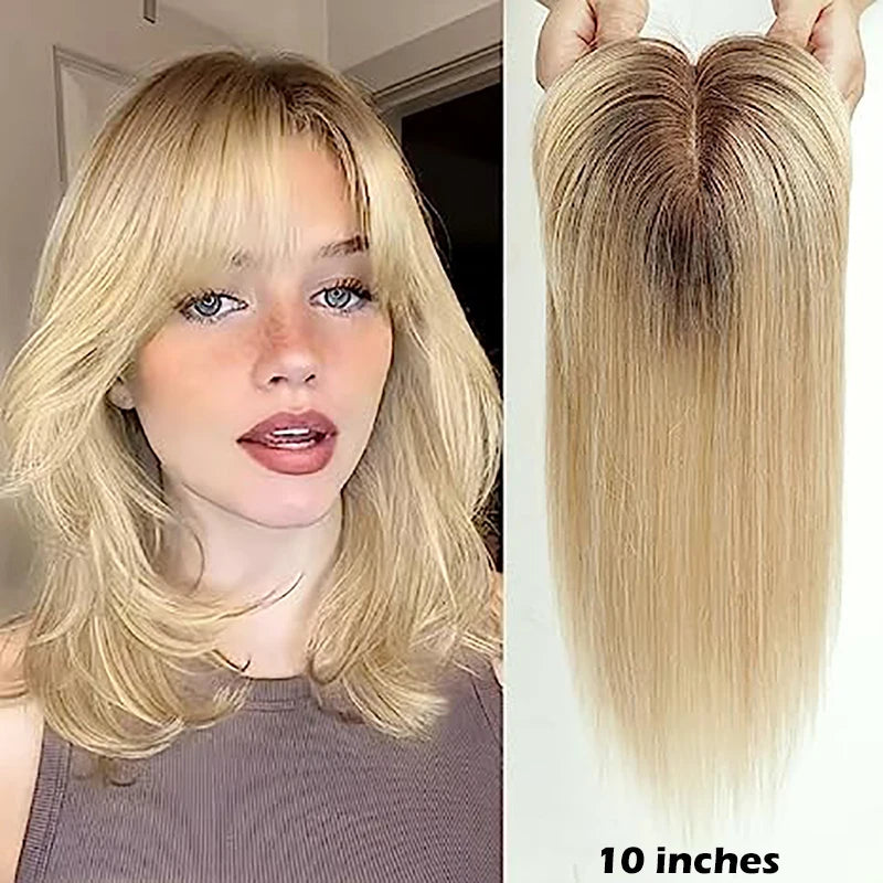 Light Brown Remy Human Hair Topper – Silk Base Clip-In for Thinning Hair
