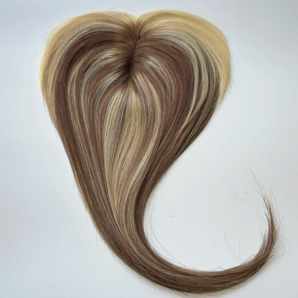 Blonde Straight Human Hair Topper with Bangs – Silk Base Clip-In