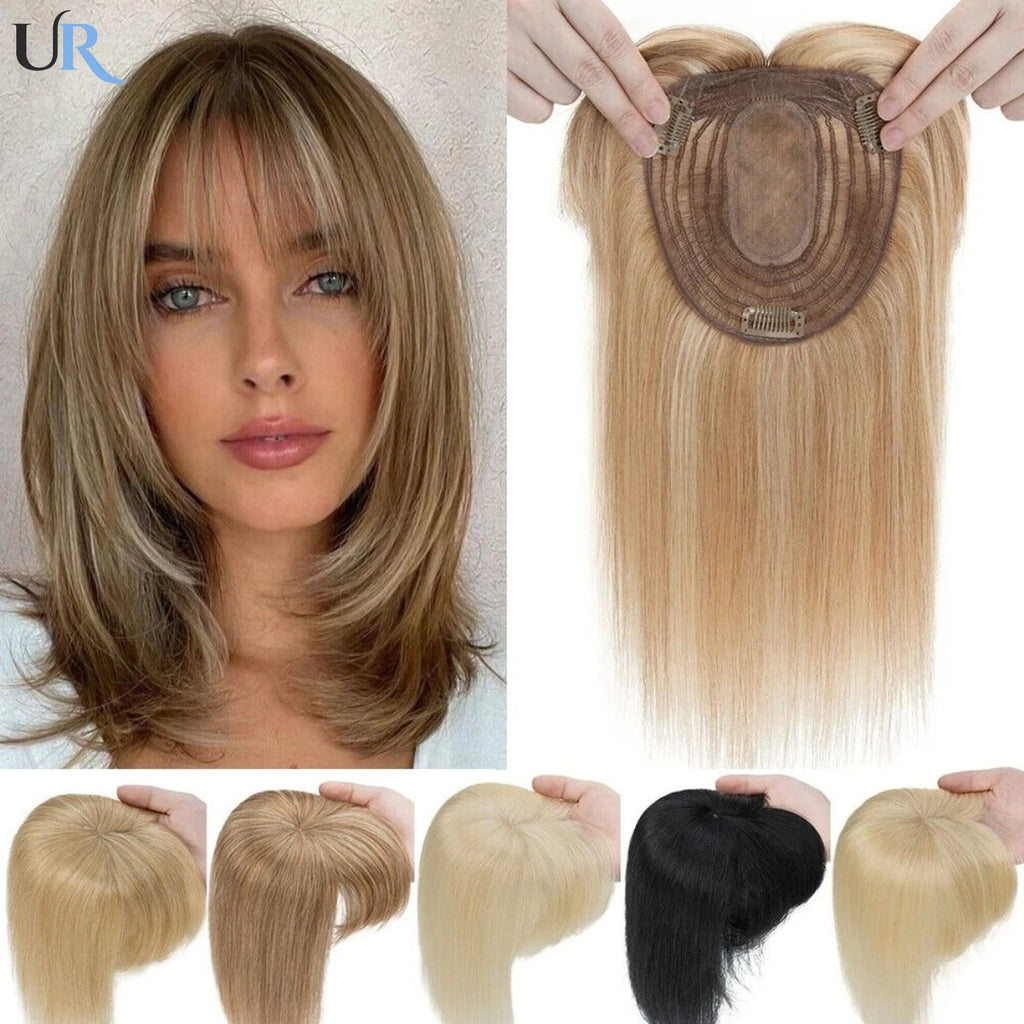 Blonde Straight Human Hair Topper with Bangs – Silk Base Clip-In