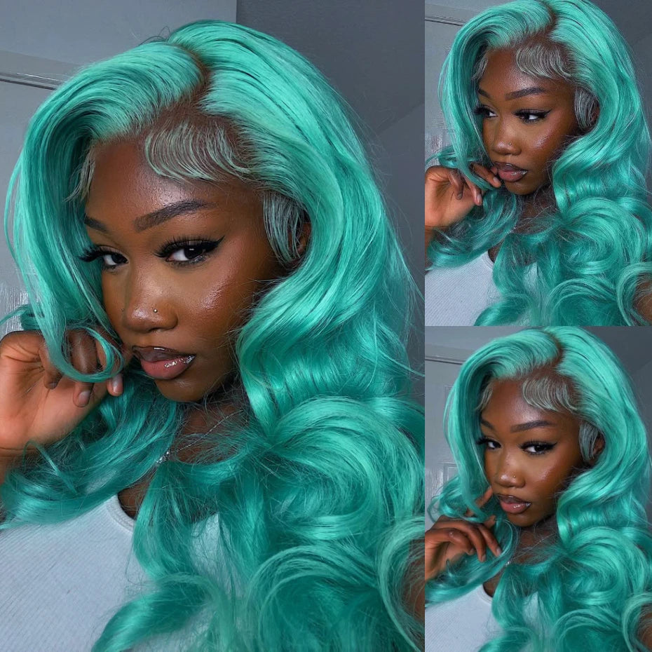 Cyan Blue / Light Green Body Wave 13x6 Lace Front Wig