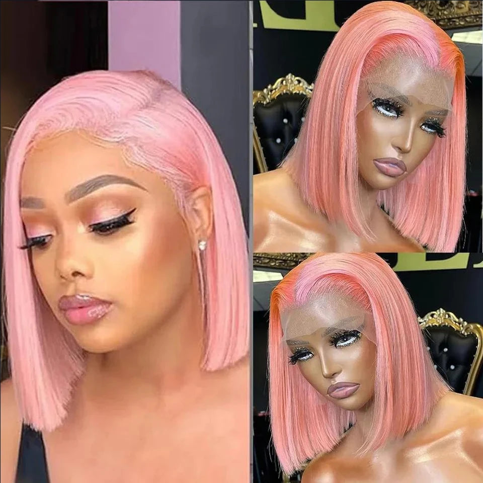 Pink Short Straight Bob 13x4 Lace Frontal Wig 180%