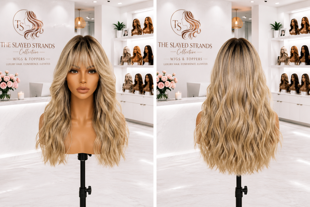 Fawn | Ash Blonde Body Wave Human Hair Wig with Bangs – Brazilian Remy 10A | 150–180% Density | 8–20 Inch