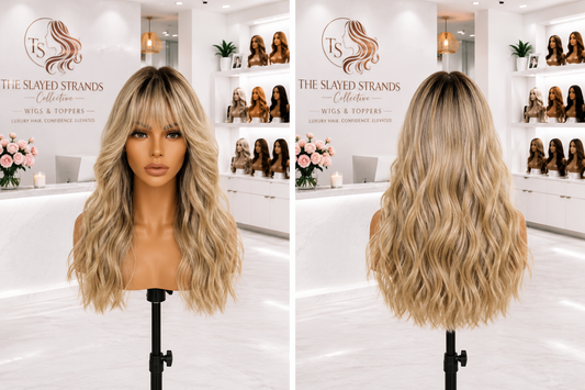 Fawn | Ash Blonde Body Wave Human Hair Wig with Bangs – Brazilian Remy 10A | 150–180% Density | 8–20 Inch