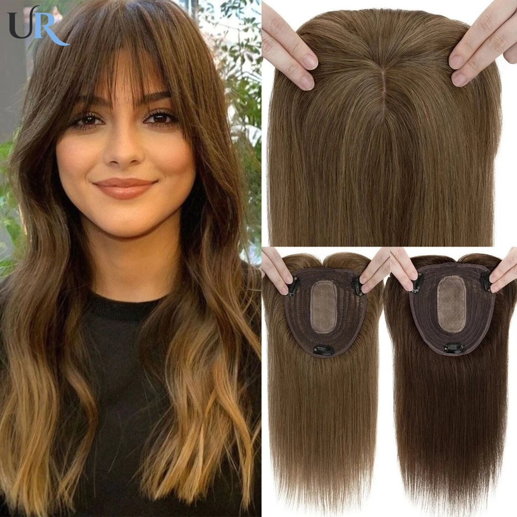 Blonde Straight Human Hair Topper with Bangs – Silk Base Clip-In