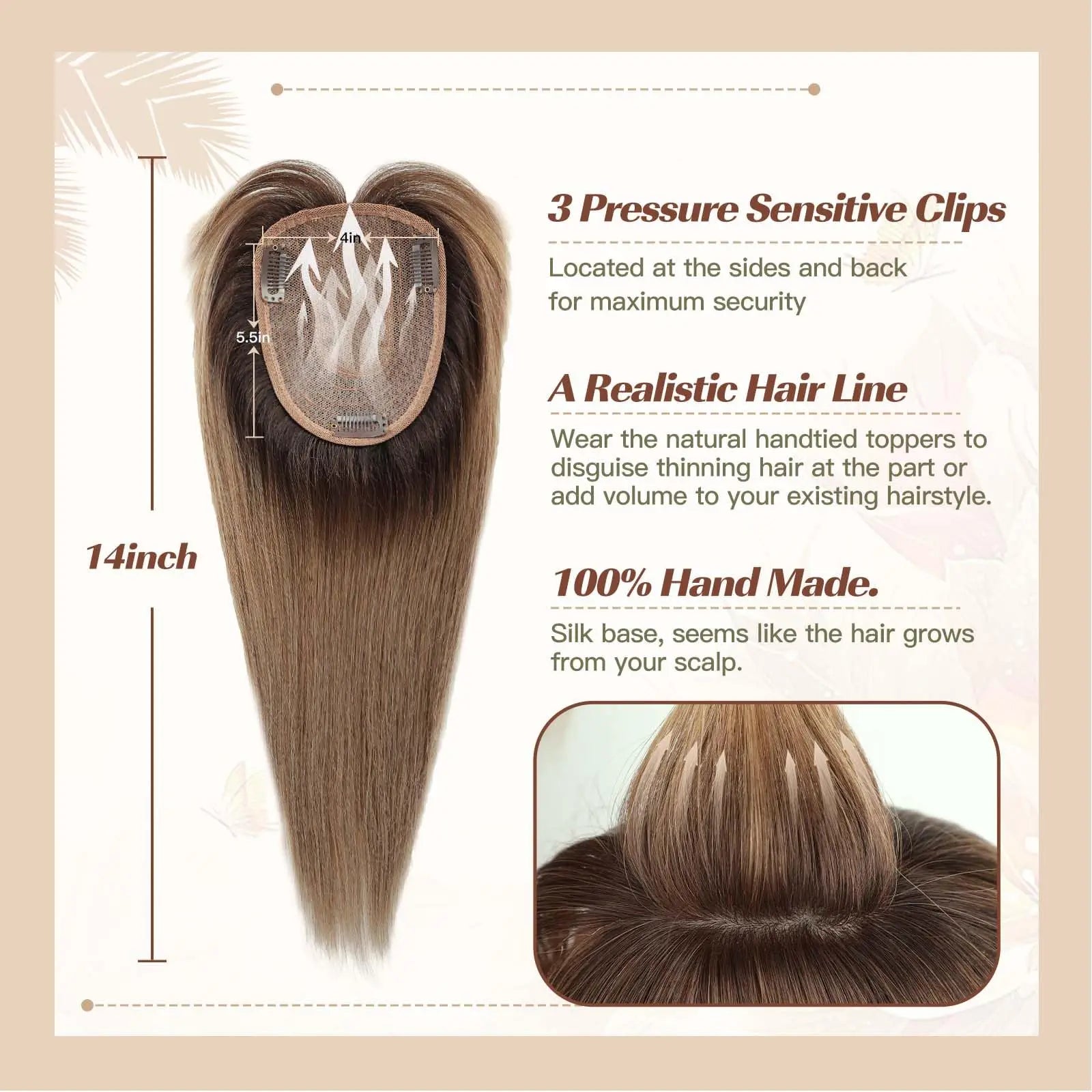 Ombre Brown Straight Human Hair Topper with Bangs – Silk Base 3-Clip