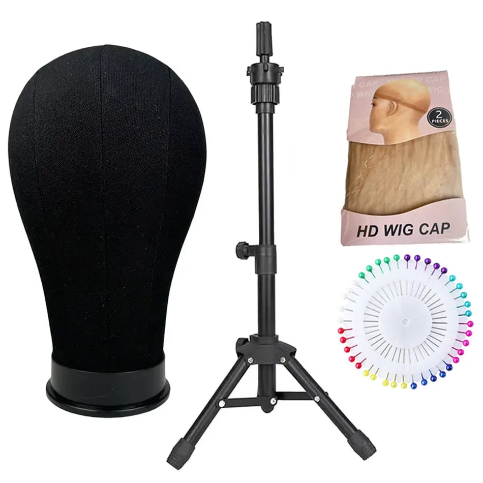 Soft Canvas Wig Head with Tripod Stand – 22 Inch | Adjustable Wig Styling Stand