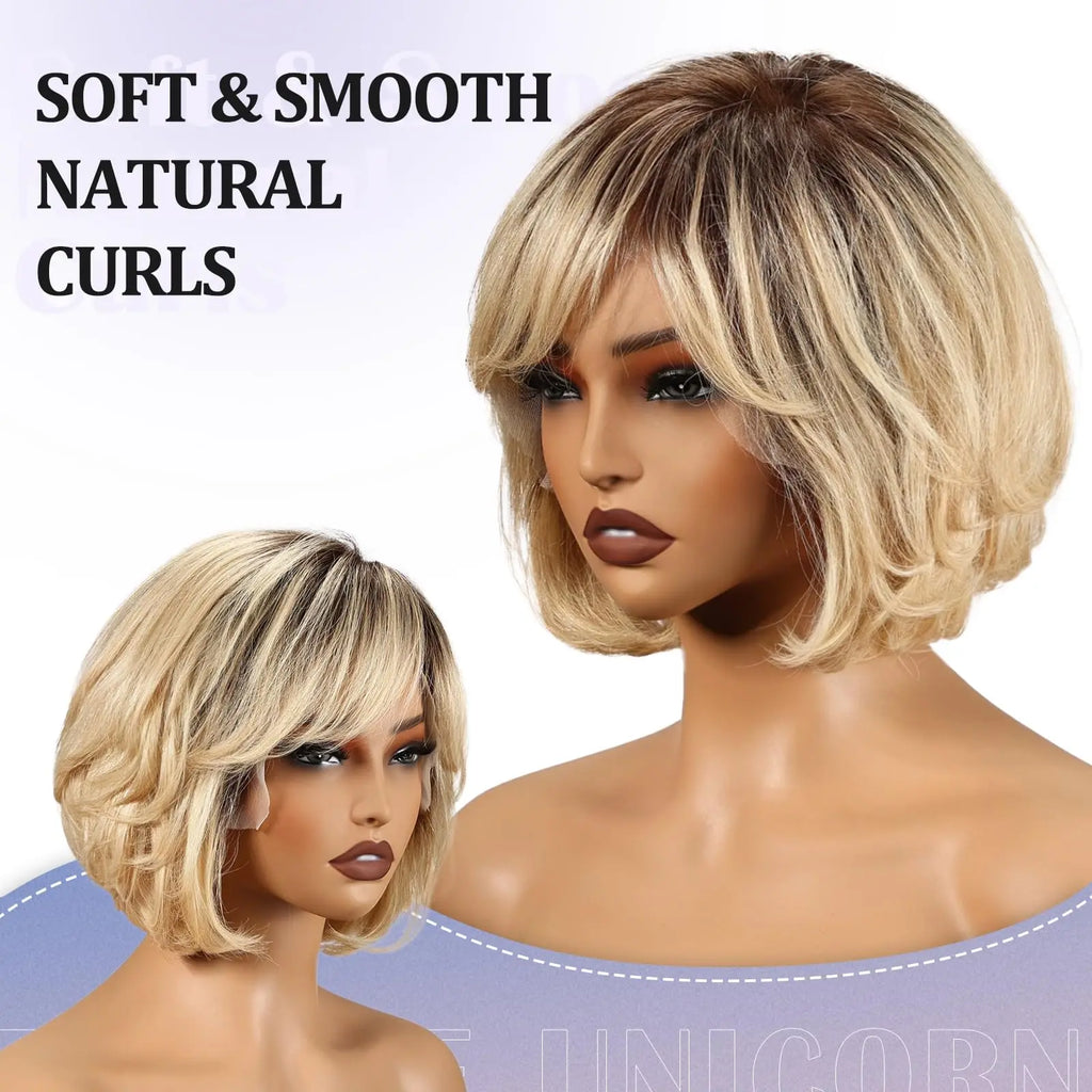 Blonde Body Wave Short Bob Lace Front Wig with Bangs – Remy Hair