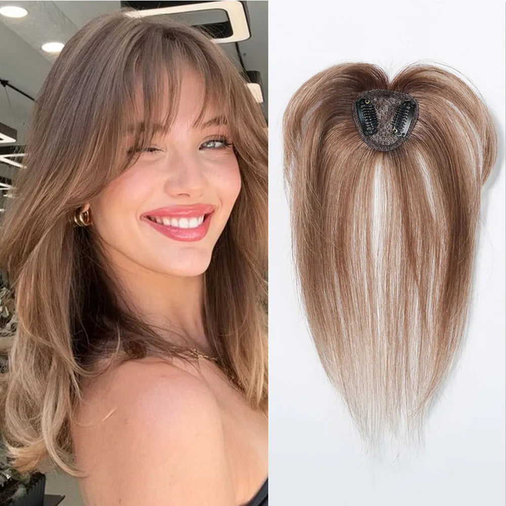 Light Brown Remy Human Hair Topper with Bangs – Silk Base Clip-In