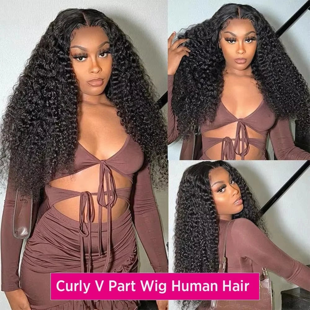 Curly V Part Wig – 210% Density | Glueless Brazilian Virgin Human Hair