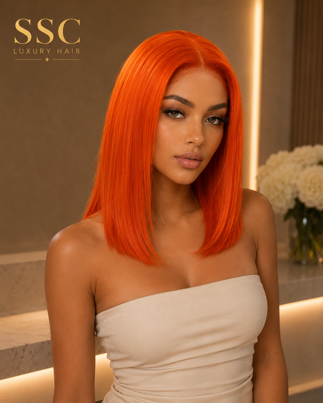 Ginger | Short Straight Bob Lace Front Wig – 13x4 Transparent Lace | Orange | Brazilian Remy Hair