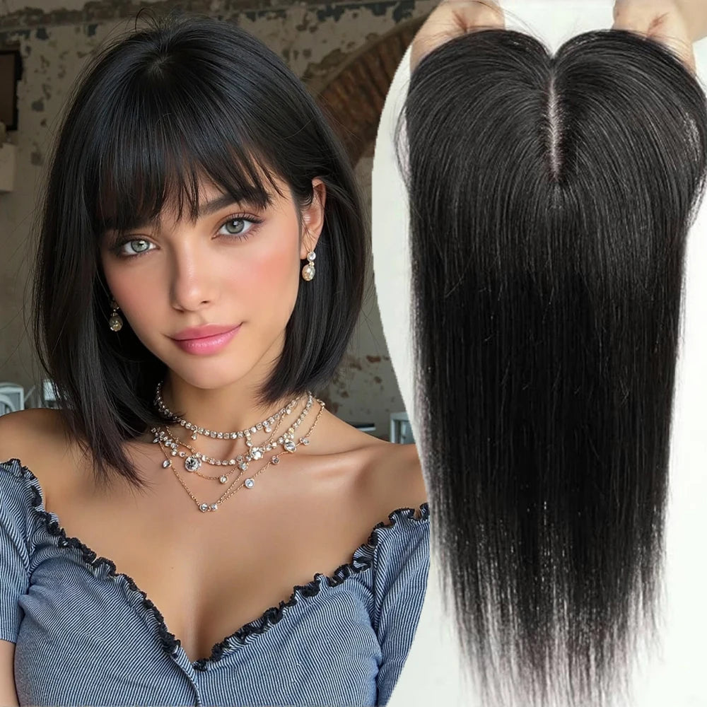 Light Brown Remy Human Hair Topper – Silk Base Clip-In for Thinning Hair