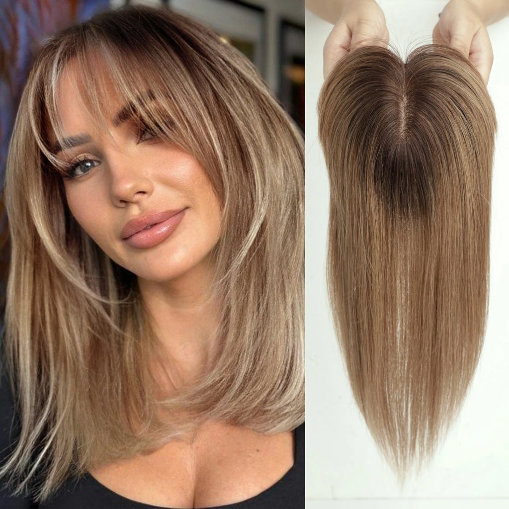Ombre Brown Straight Human Hair Topper with Bangs – Silk Base 3-Clip