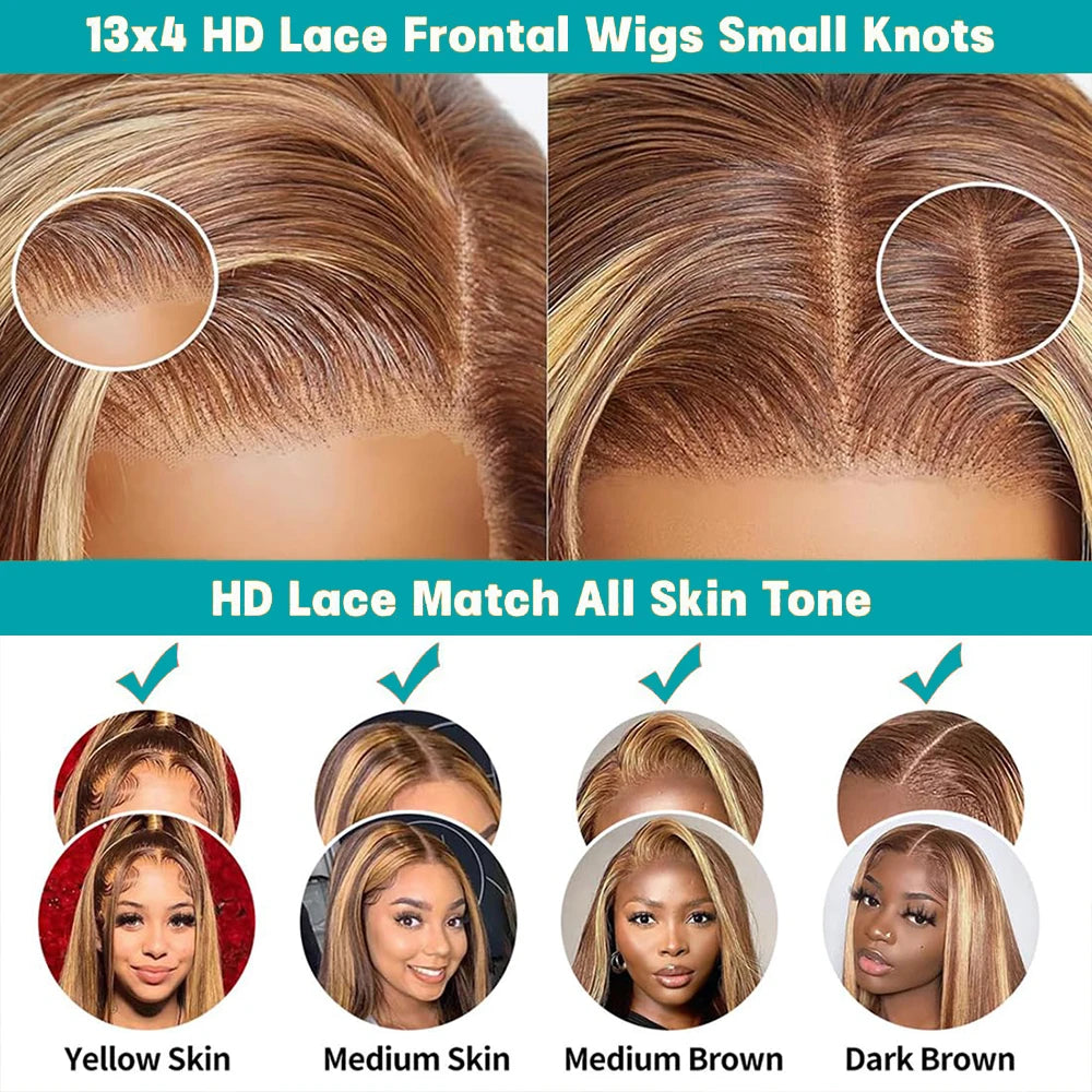 P4/27 Honey Blonde Highlight Bone Straight 13x6 HD Lace Wig