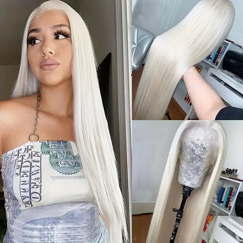 Ombre Platinum Blonde Straight Wig – Synthetic Blend with Ash Brown Roots