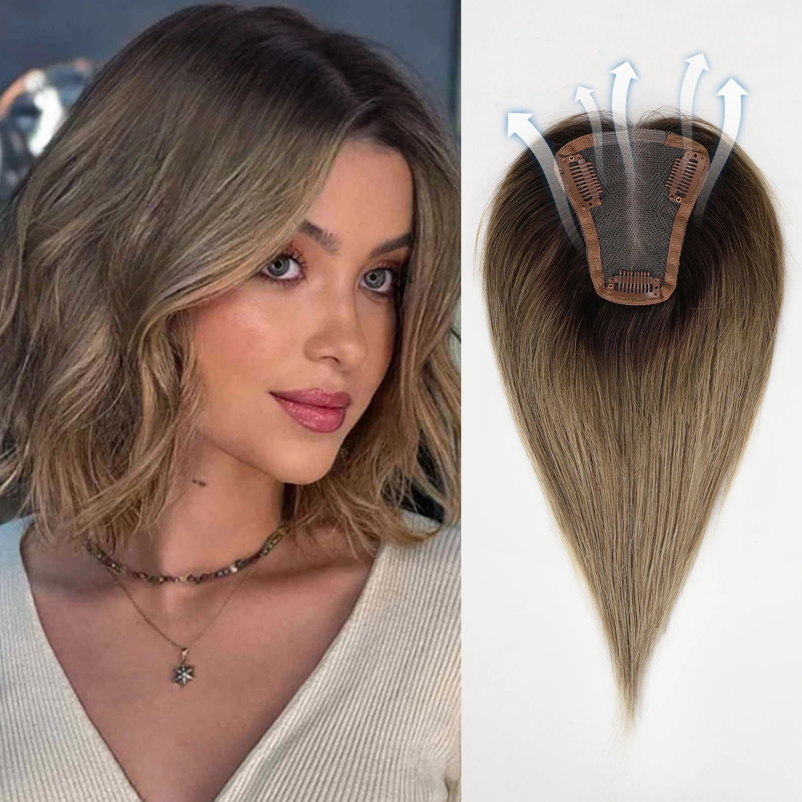 Blonde Brown Ombre Remy Human Hair Topper – Silk Base 150% 12 Inch