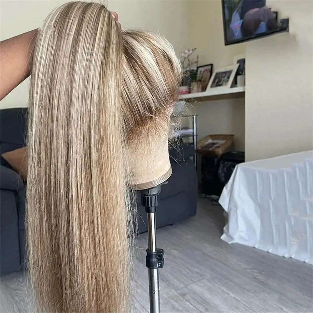 Ombre Platinum Blonde Straight Wig – Synthetic Blend with Ash Brown Roots