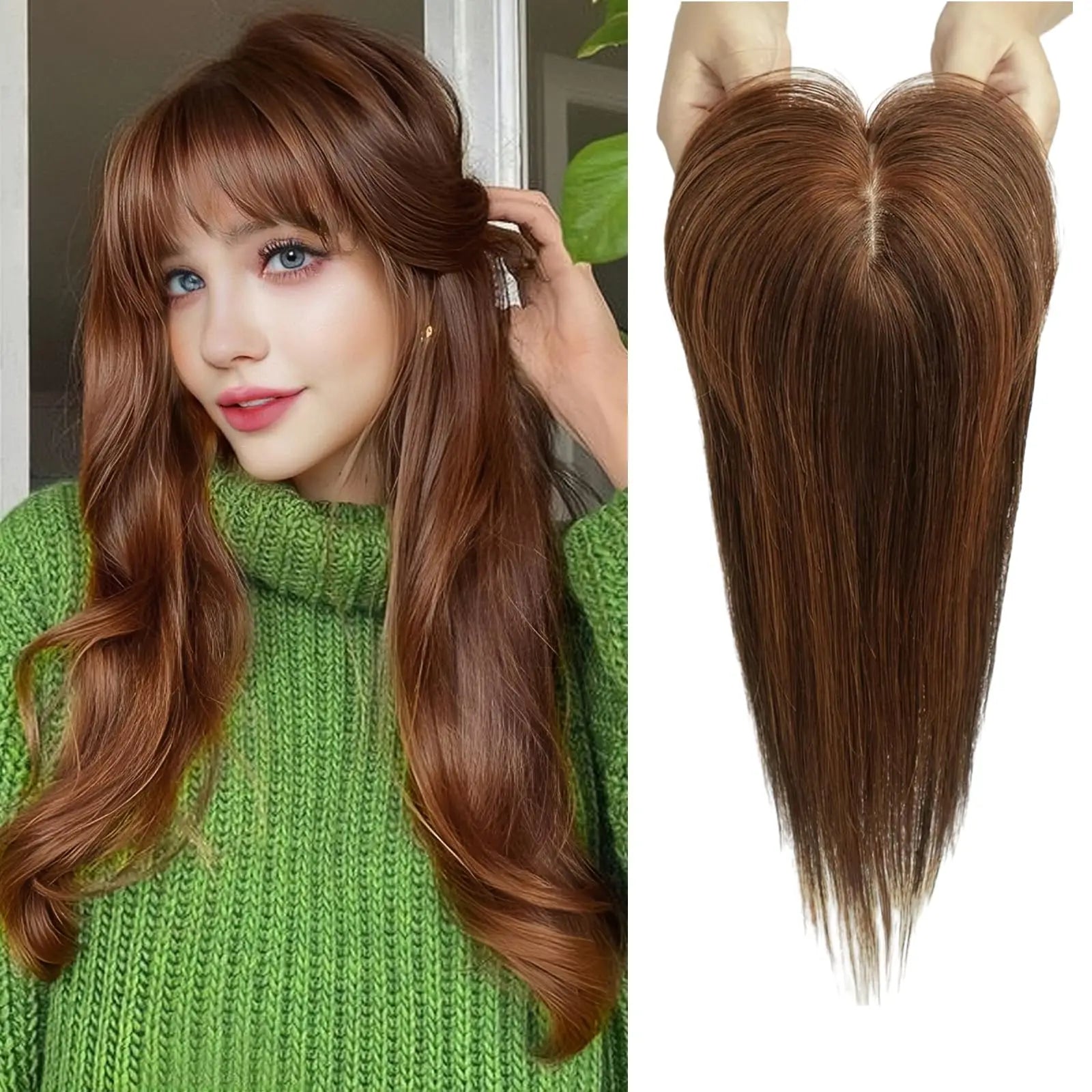 Ombre Brown Straight Human Hair Topper with Bangs – Silk Base 3-Clip