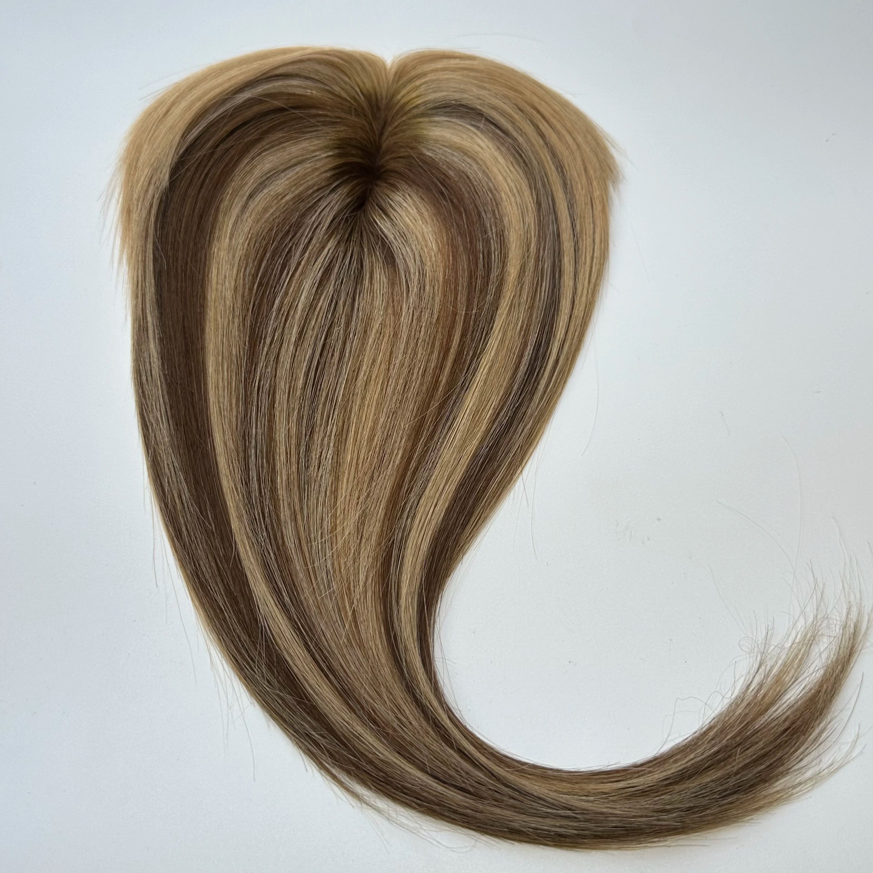 Blonde Straight Human Hair Topper with Bangs – Silk Base Clip-In