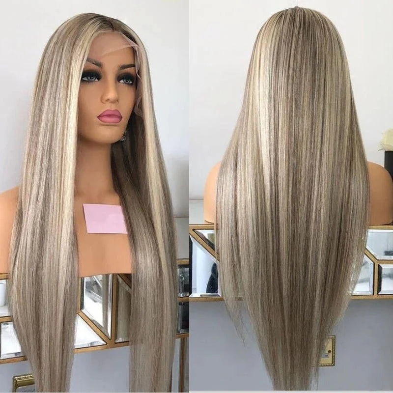 Ombre Platinum Blonde Straight Wig – Synthetic Blend with Ash Brown Roots
