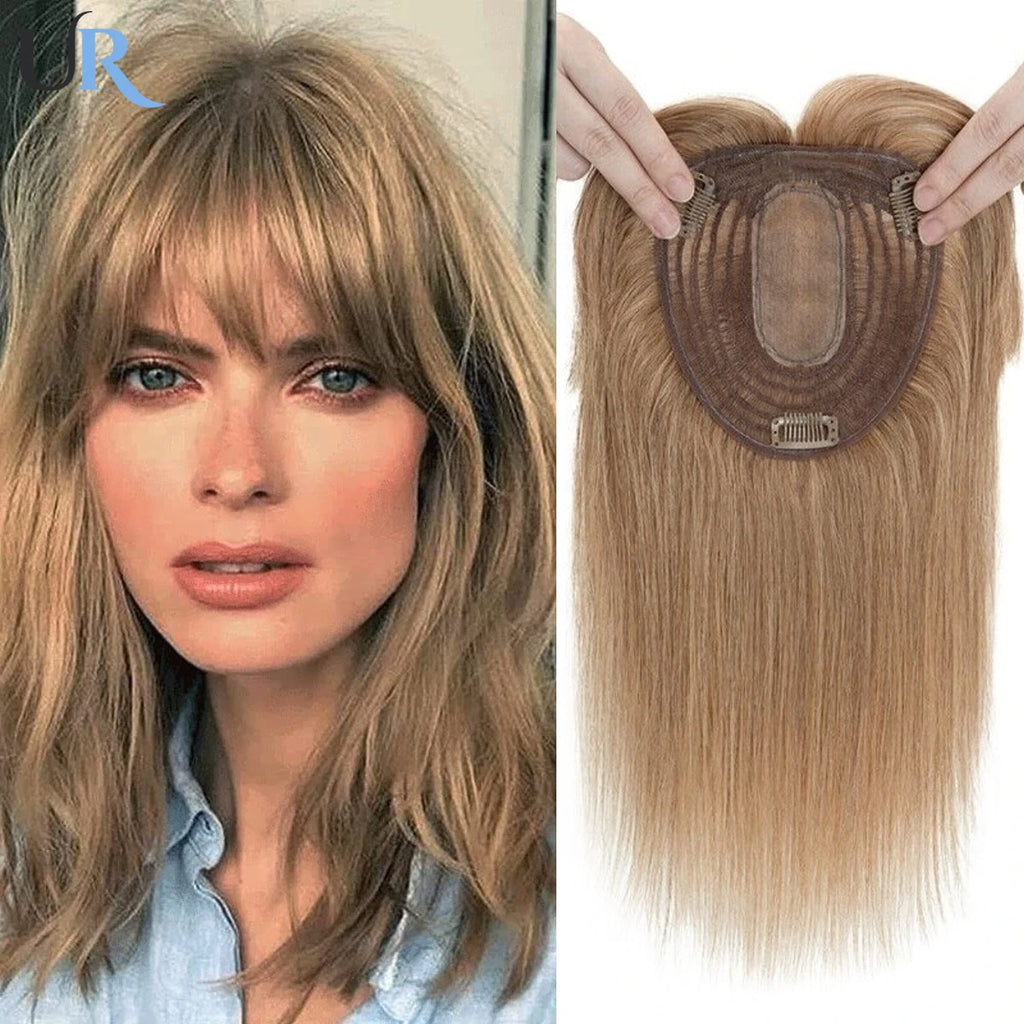 Blonde Straight Human Hair Topper with Bangs – Silk Base Clip-In
