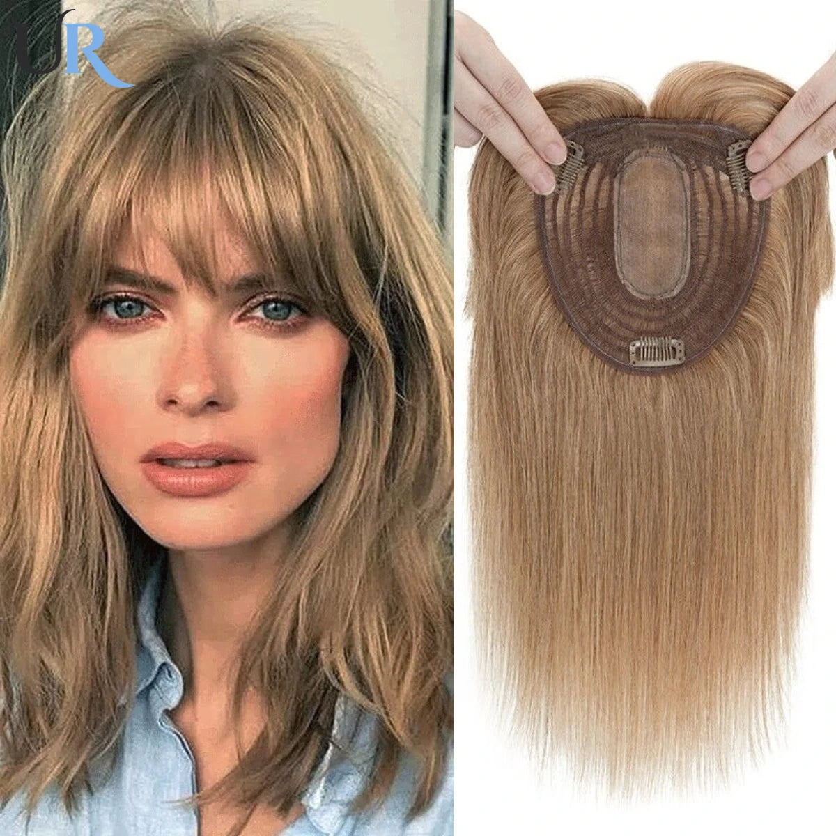 Blonde Straight Human Hair Topper with Bangs – Silk Base Clip-In