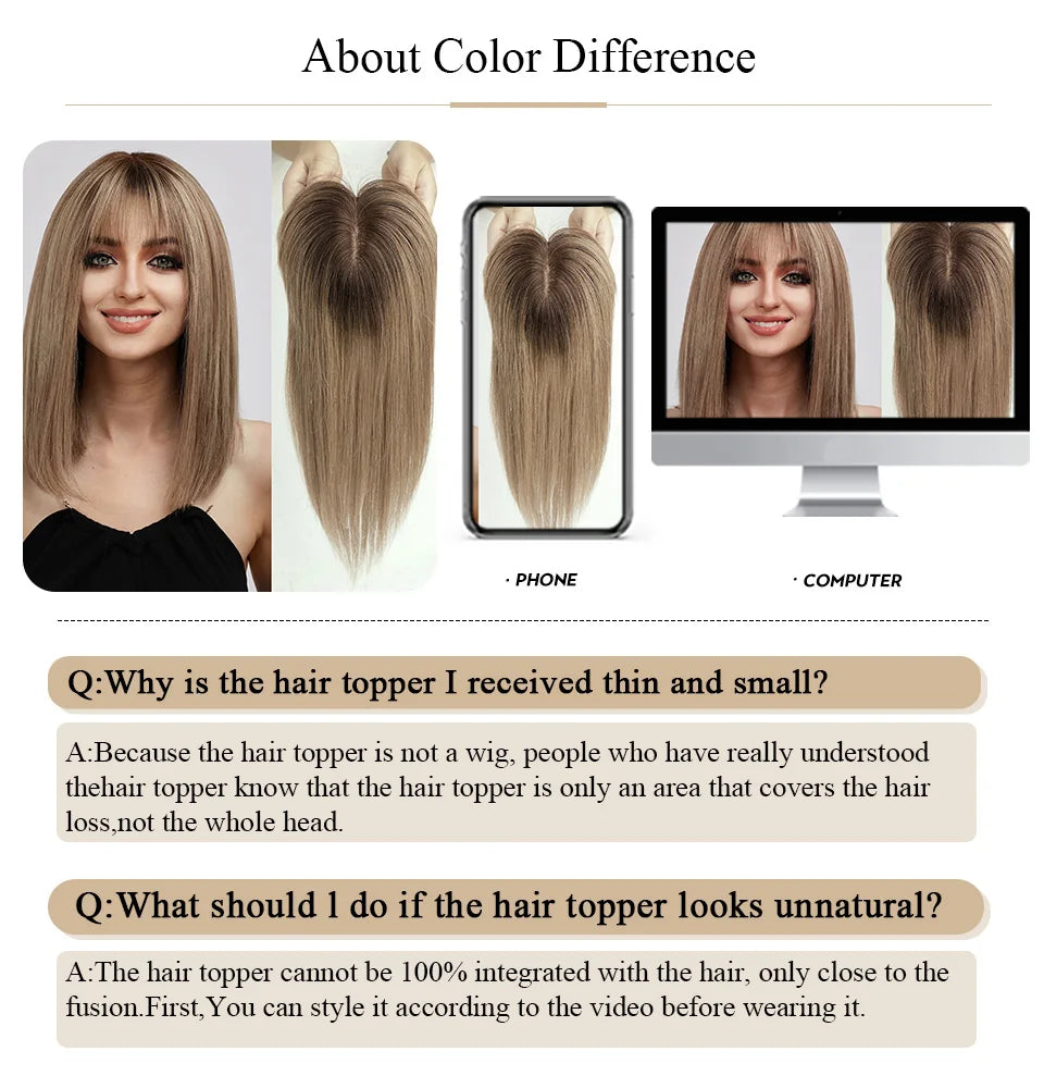 Light Brown Remy Human Hair Topper – Silk Base Clip-In for Thinning Hair