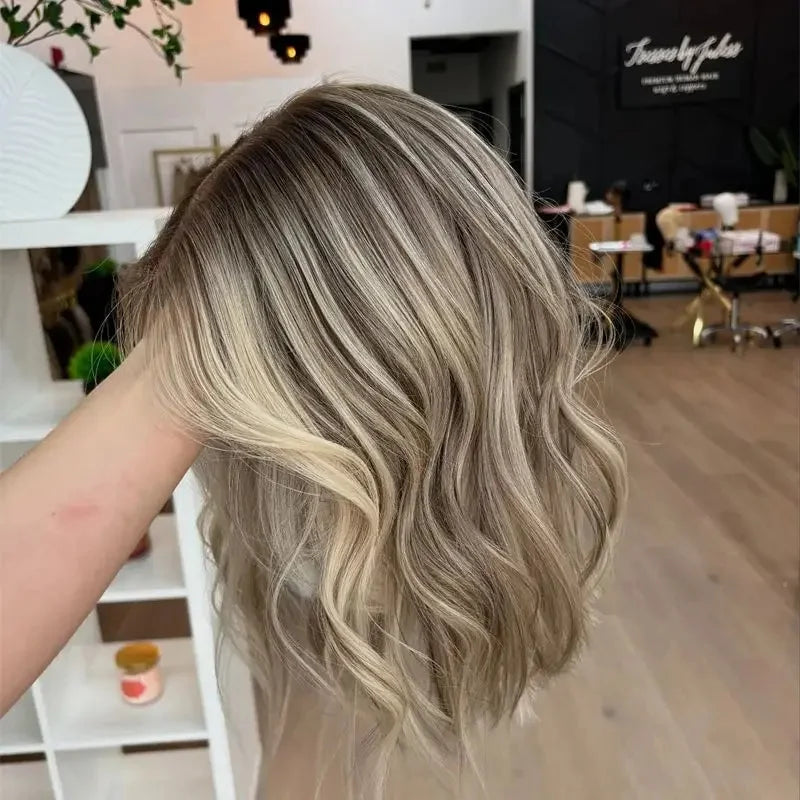 Ash Blonde Balayage Highlight Short Bob Lace Front Wig – Synthetic Blend