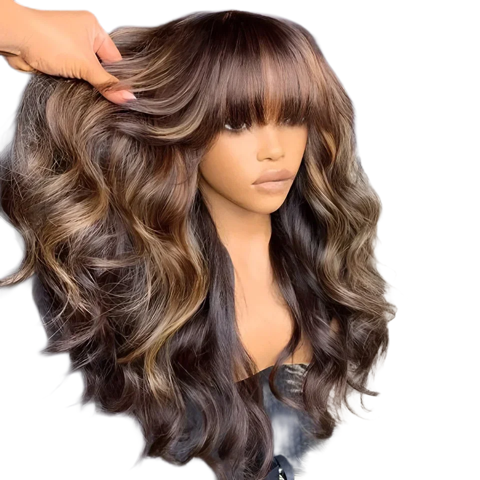 Maple | P4-30-27 Highlight Ombre Body Wave Wig with Bangs – Glueless | 180% Density | Peruvian Remy Hair | 12–26 Inch