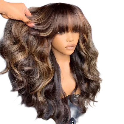 Maple | P4-30-27 Highlight Ombre Body Wave Wig with Bangs – Glueless | 180% Density | Peruvian Remy Hair | 12–26 Inch