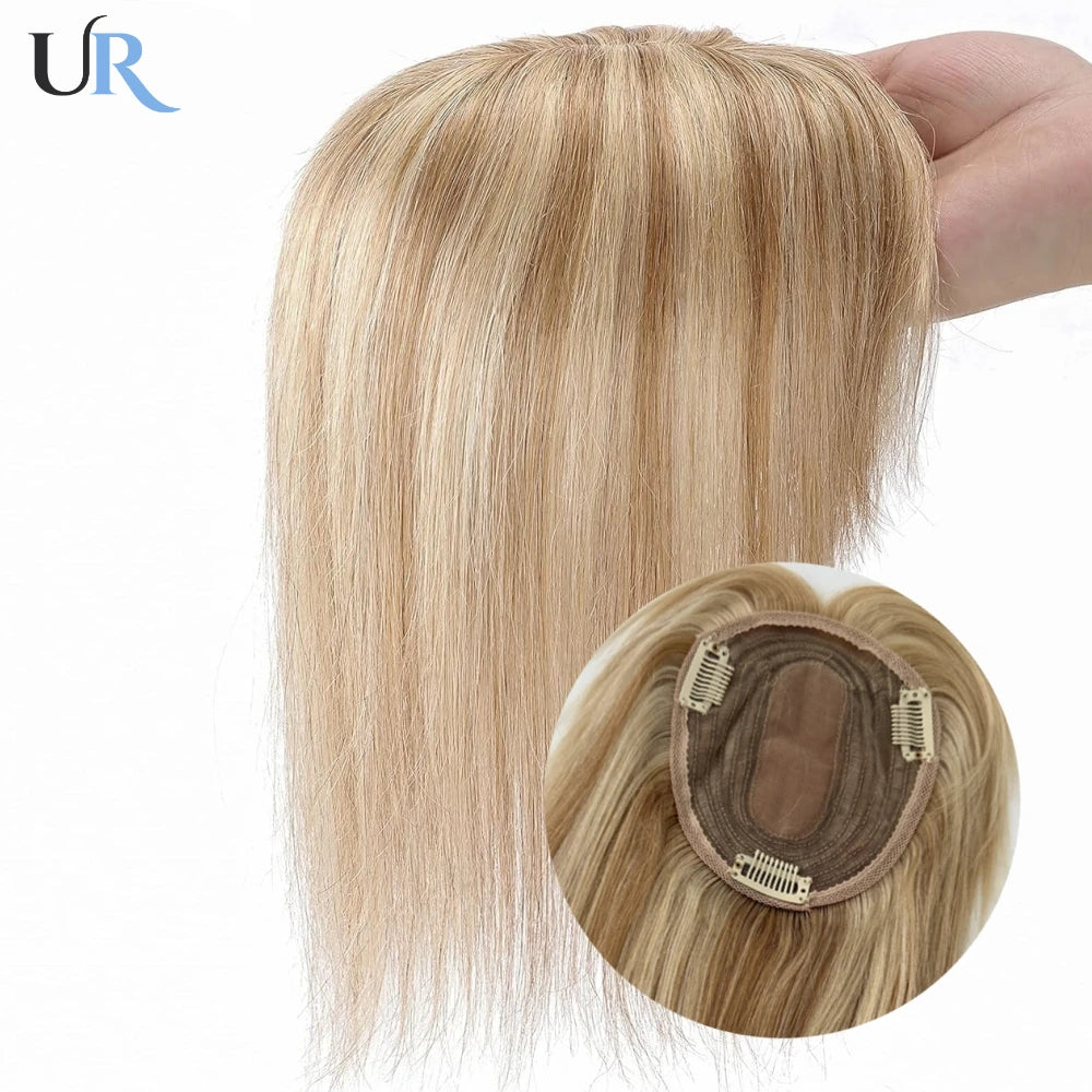 Blonde Straight Human Hair Topper with Bangs – Silk Base Clip-In