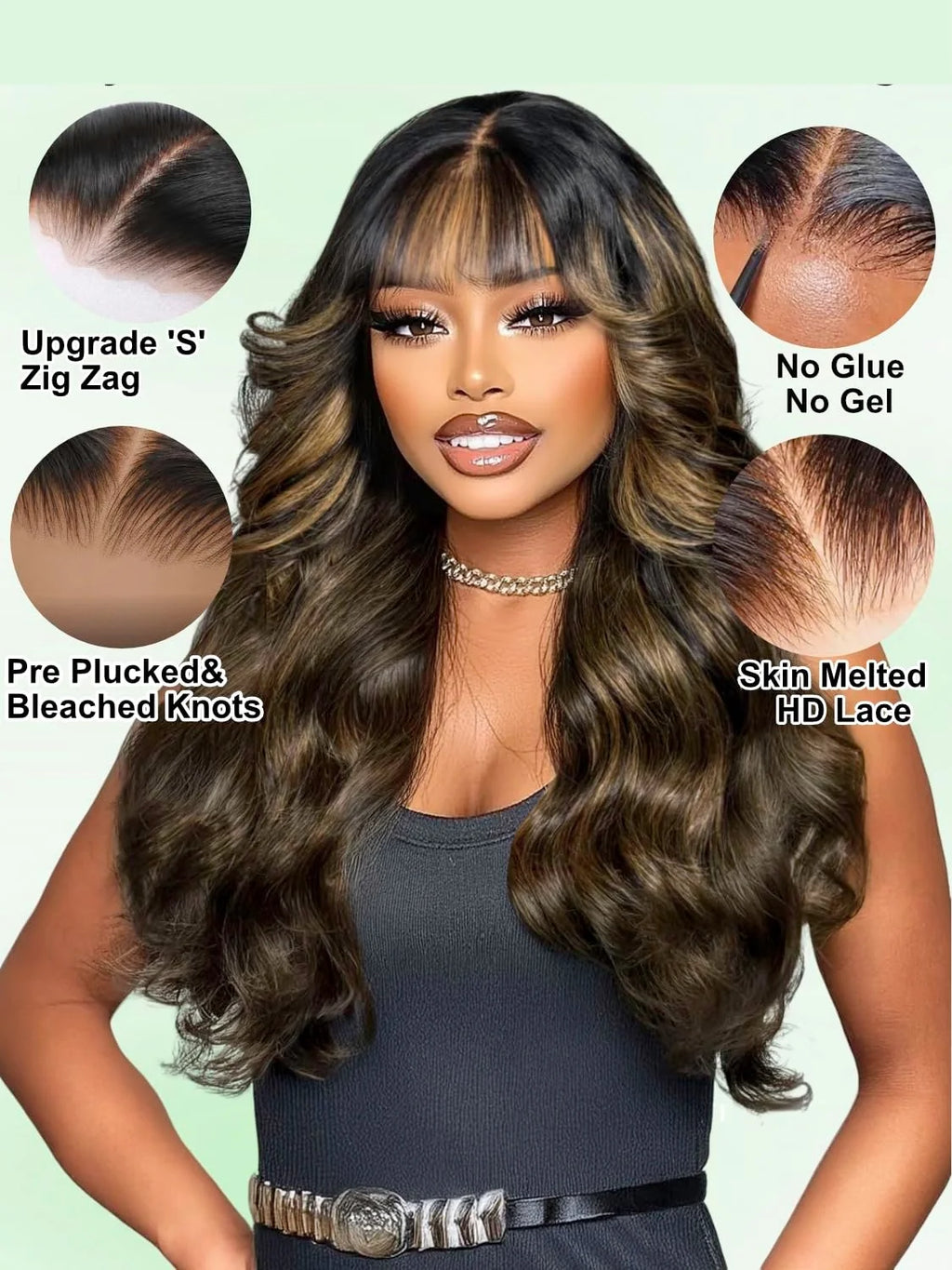 Ombre Chestnut Brown Curtain Bangs Body Wave Wig