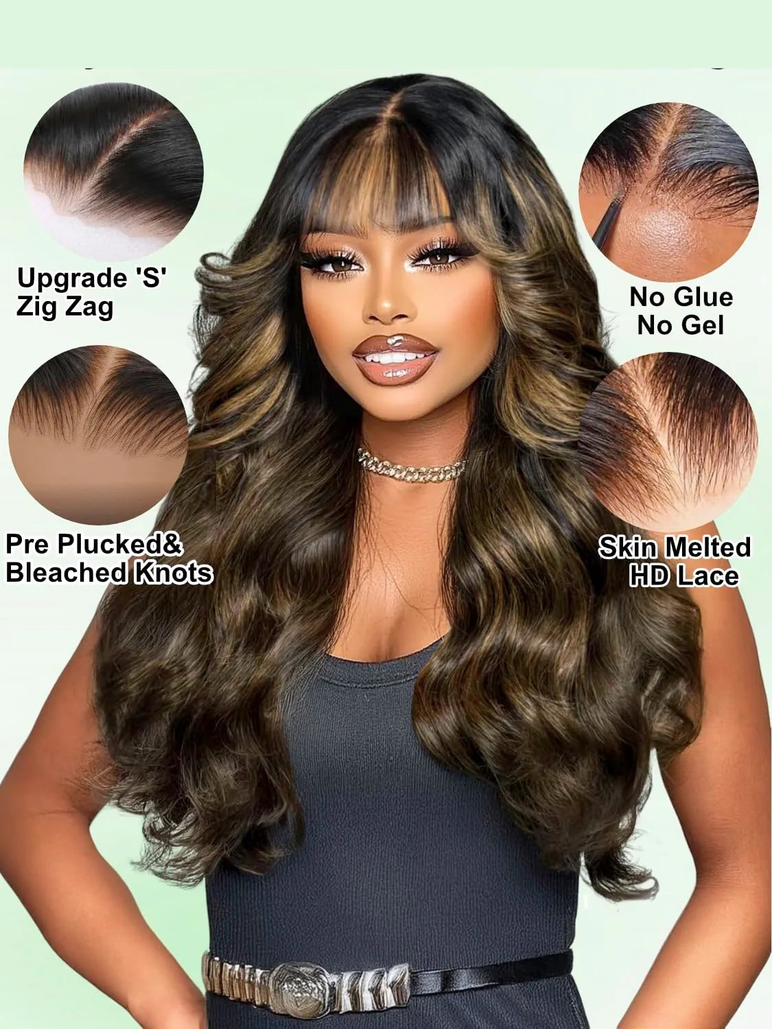 Ombre Chestnut Brown Curtain Bangs Body Wave Wig