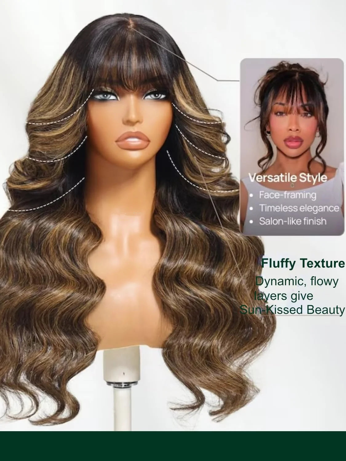 Ombre Chestnut Brown Curtain Bangs Body Wave Wig