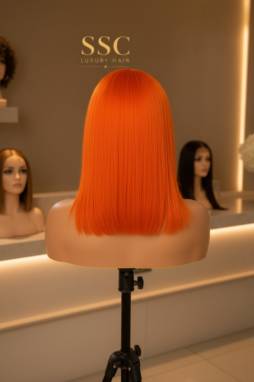 Ginger | Short Straight Bob Lace Front Wig – 13x4 Transparent Lace | Orange | Brazilian Remy Hair
