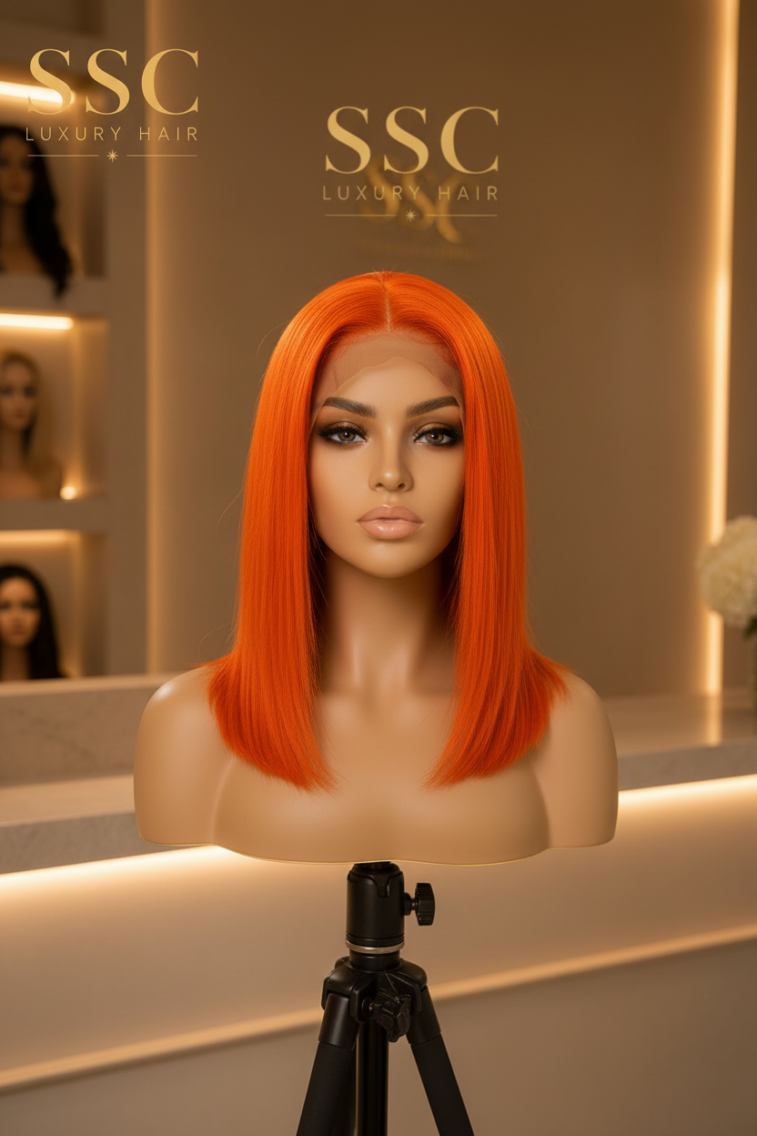 Ginger | Short Straight Bob Lace Front Wig – 13x4 Transparent Lace | Orange | Brazilian Remy Hair