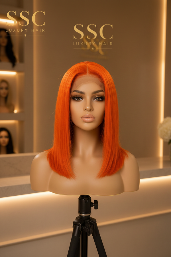 Ginger | Short Straight Bob Lace Front Wig – 13x4 Transparent Lace | Orange | Brazilian Remy Hair