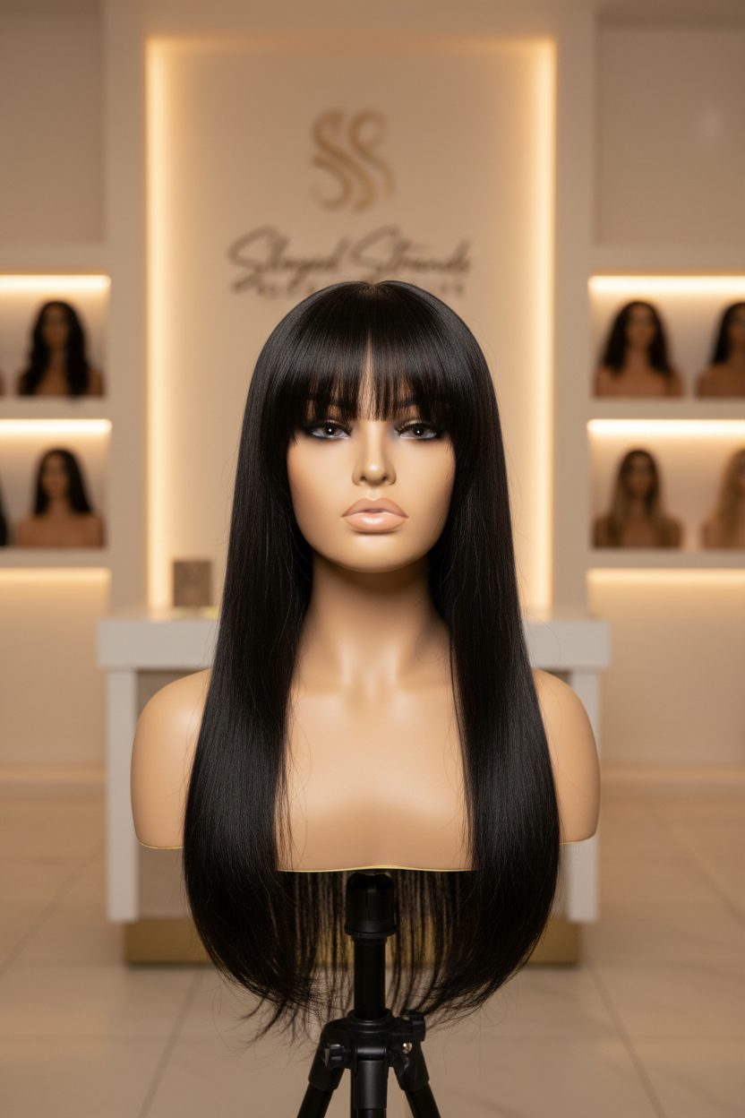 Onyx | Long Straight Indian Remy Human Hair Wig with Bangs – Natural Black | 150–200% Density | 26–32 Inch
